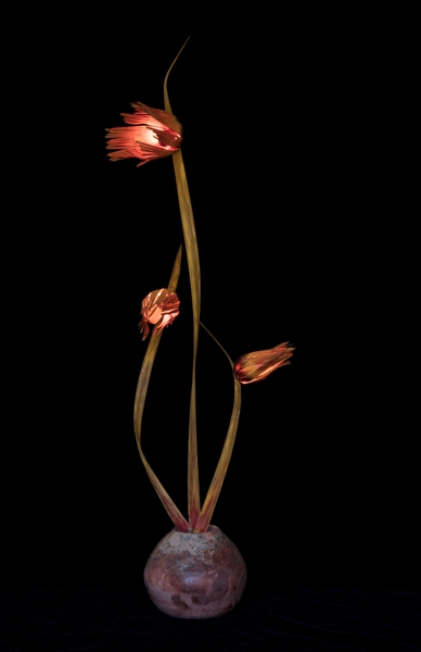 Fleur de bois with orange light, botanical sculptural lighting.